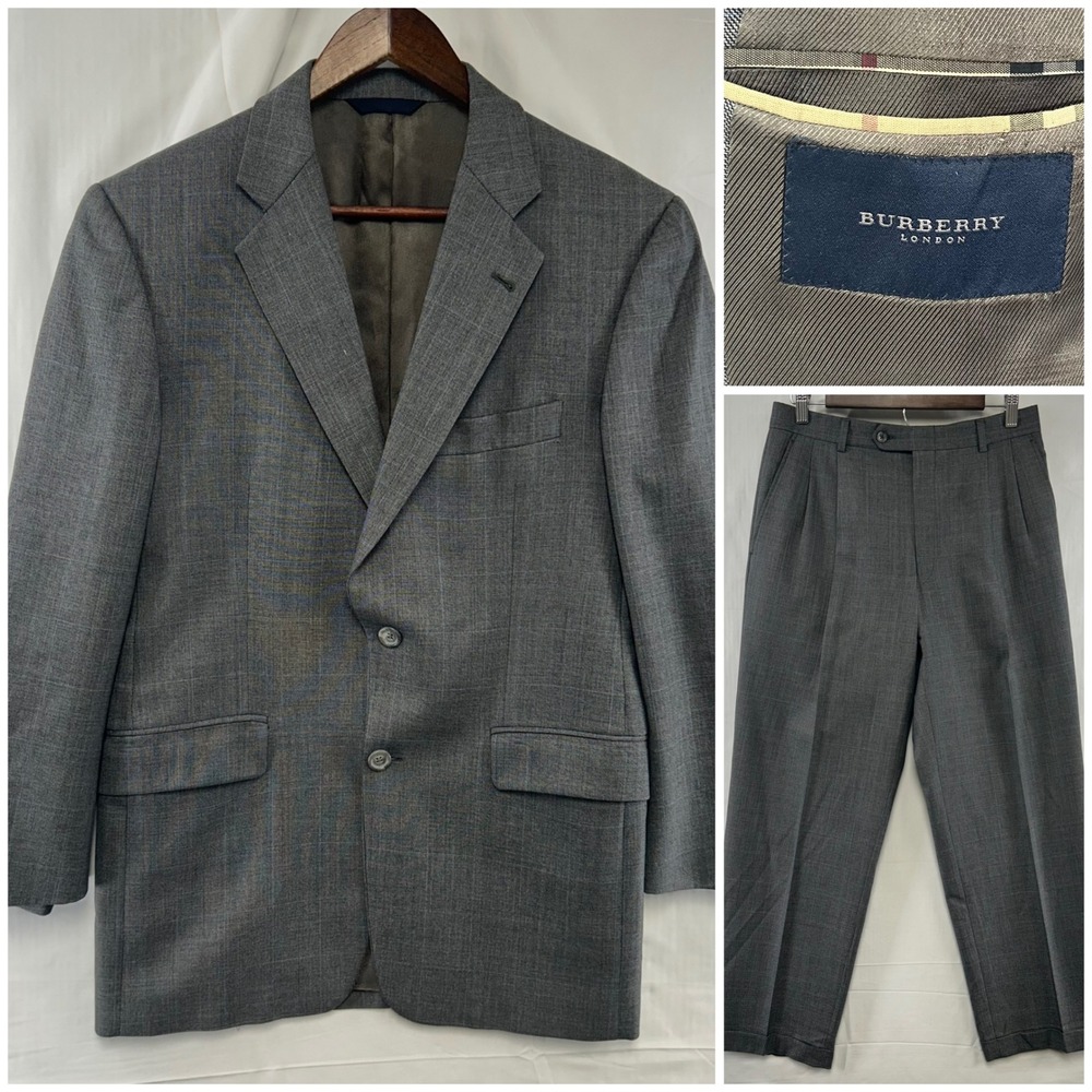 Burberry London Suit Mens 38S Grey Glen Plaid Wool 2-Button Pleated Cuffed 30x30